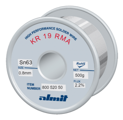 KR 19 RMA Sn63Pb37 P2  Flux 2,2%, 0.8mm  0.5Kg Spule/ Reel